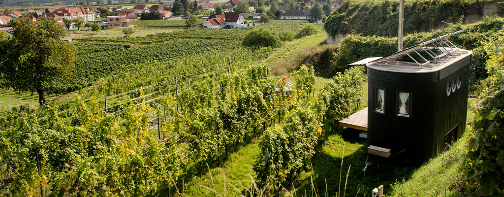 Wohnwagon Karl auf einer Weingartenterrasse an der Donau
