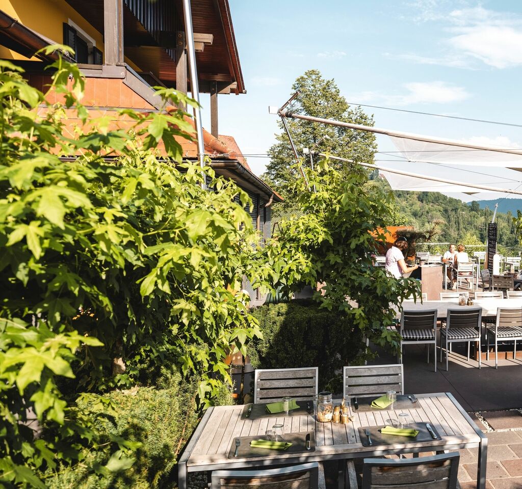 Blick von der Terrasse des Weingasthofes Sabathihof